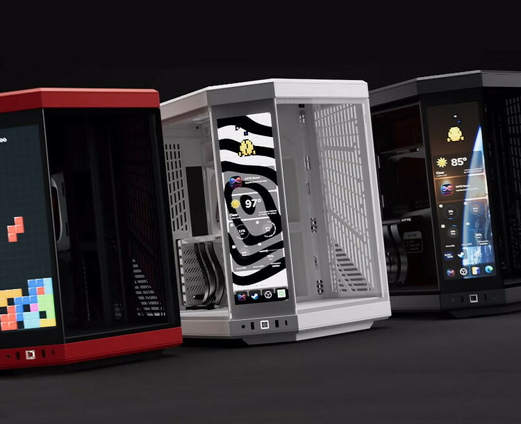 Trois boîtiers PC au design hexagonal avec des panneaux latéraux transparents affichant des informations système, présentés en rouge, blanc et noir.
