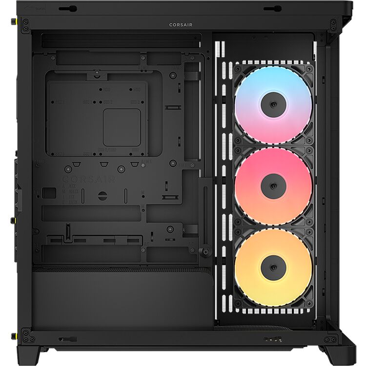 Boîtier PC Corsair noir avec trois ventilateurs RGB installés sur la façade avant, affichant un dégradé de couleurs allant du bleu au jaune.