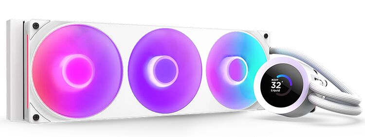Refroidisseur liquide AIO avec trois ventilateurs blancs dotés d'un éclairage RGB multicolore et un bloc de pompe affichant une température numérique.