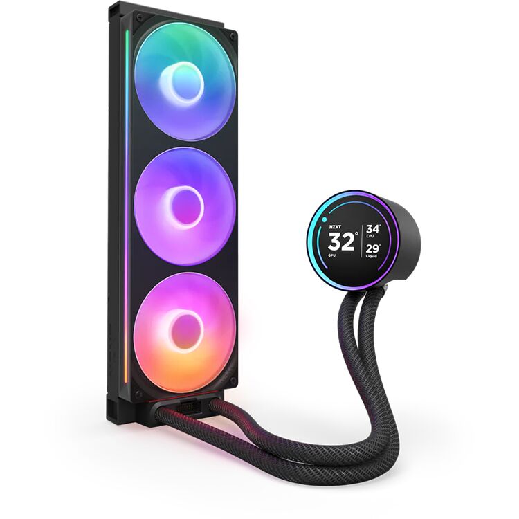 Système de refroidissement liquide avec un radiateur noir équipé de trois ventilateurs RGB et une pompe avec un écran numérique affichant les températures du CPU et du GPU.