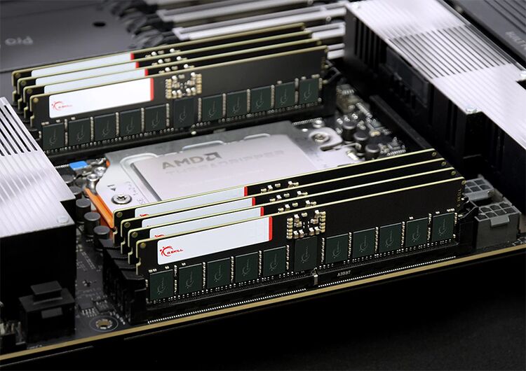 Deux barrettes de mémoire vive G.Skill installées sur une carte mère avec un processeur AMD visible au centre.