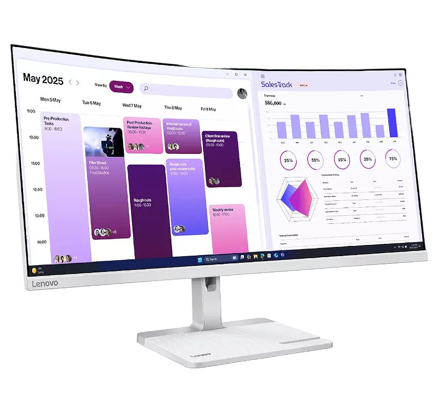 Écran incurvé Lenovo affichant un tableau de bord de gestion de projet avec des graphiques et un calendrier. L'écran est monté sur un pied blanc minimaliste.