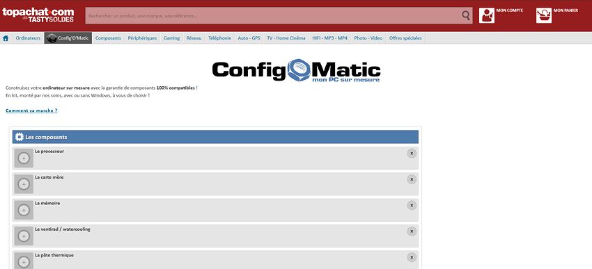 Capture d'écran du Config'O'Matic en 2014, avec sa liste de composants dépliable