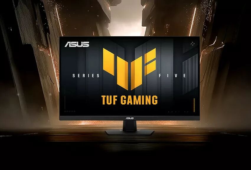 Écran de PC gamer ASUS de la gamme TUF Gaming affichant un logo jaune sur fond noir.