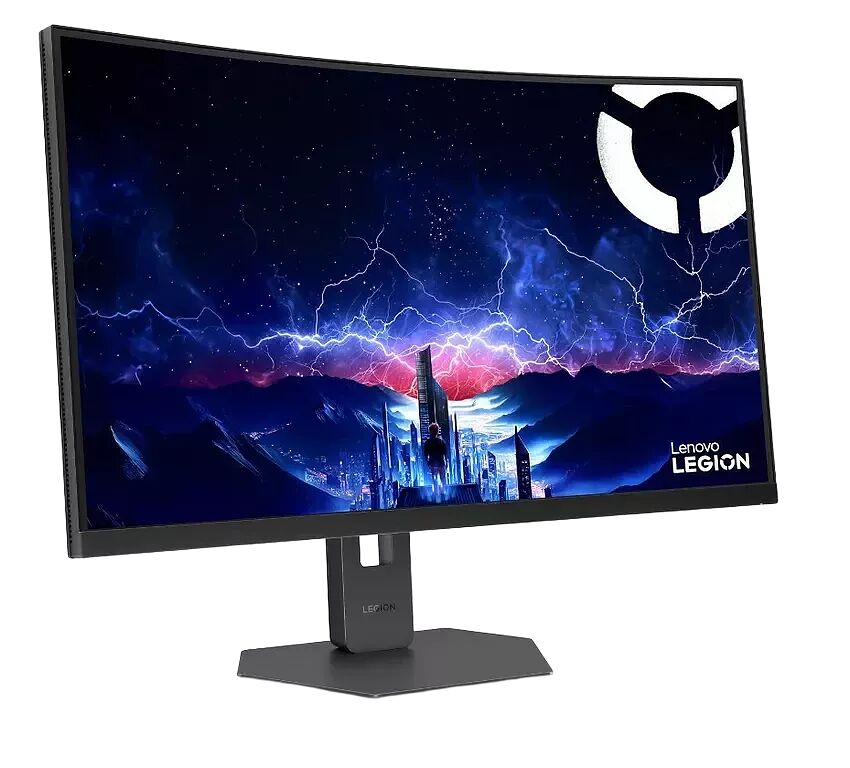 Écran incurvé Lenovo Legion affichant un paysage nocturne avec des éclairs, monté sur un pied noir.