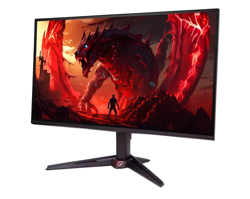 Écran PC gamer incurvé affichant une illustration fantastique d'un dragon rouge imposant face à un personnage. L'écran est monté sur un pied noir robuste.