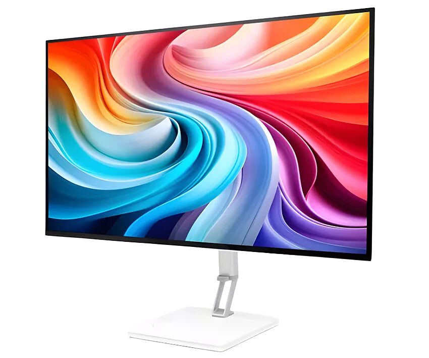 Écran d'ordinateur avec un fond d'écran abstrait aux couleurs vives et un pied de support blanc.