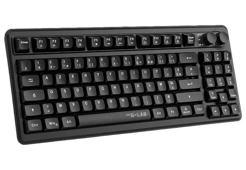 Clavier mécanique noir de la marque G-LAB avec touches rétroéclairées et boutons de contrôle multimédia sur le côté droit.