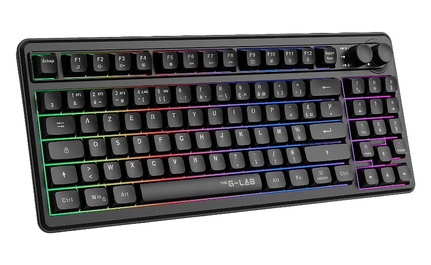 Clavier gamer G-LAB avec rétroéclairage RGB multicolore et molette de contrôle sur le côté droit.