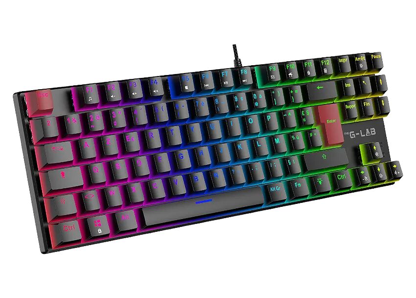Clavier mécanique gamer avec rétroéclairage RGB multicolore et touches noires.
