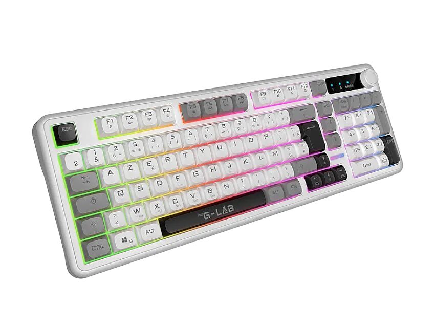 Clavier mécanique G-LAB avec rétroéclairage RGB multicolore et touches blanches et grises.