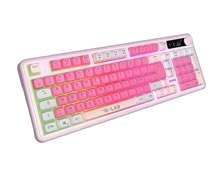 Clavier mécanique rétroéclairé rose et blanc de la marque G-LAB, avec des touches colorées et un design compact.
