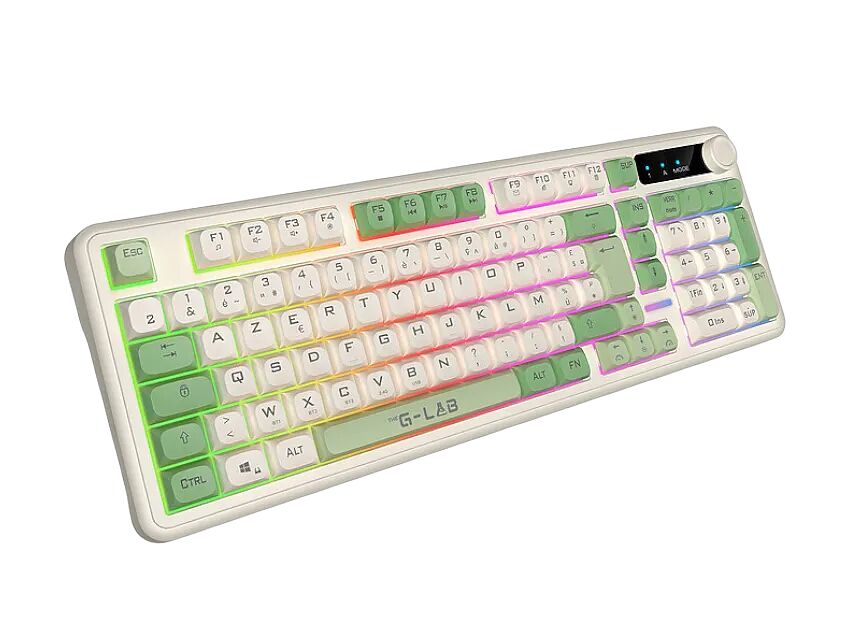 Clavier mécanique G-LAB avec rétroéclairage RGB multicolore et touches blanches et vertes.