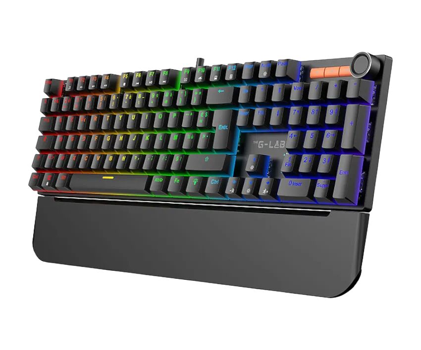Clavier gamer G-LAB rétroéclairé avec touches colorées et repose-poignet intégré noir.