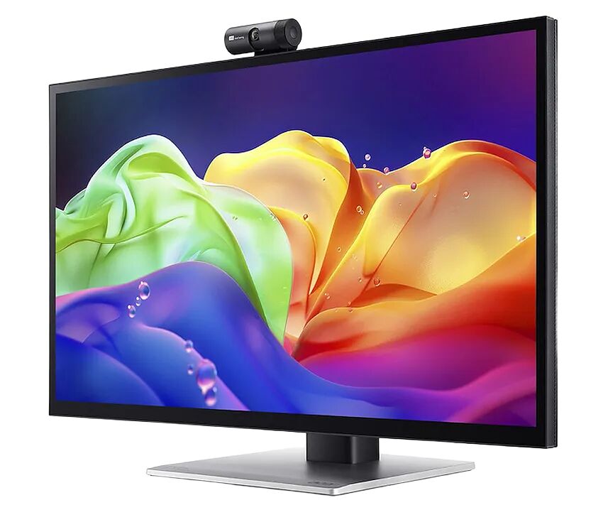 Écran d'ordinateur avec un fond d'écran coloré et une webcam noire fixée sur le dessus.