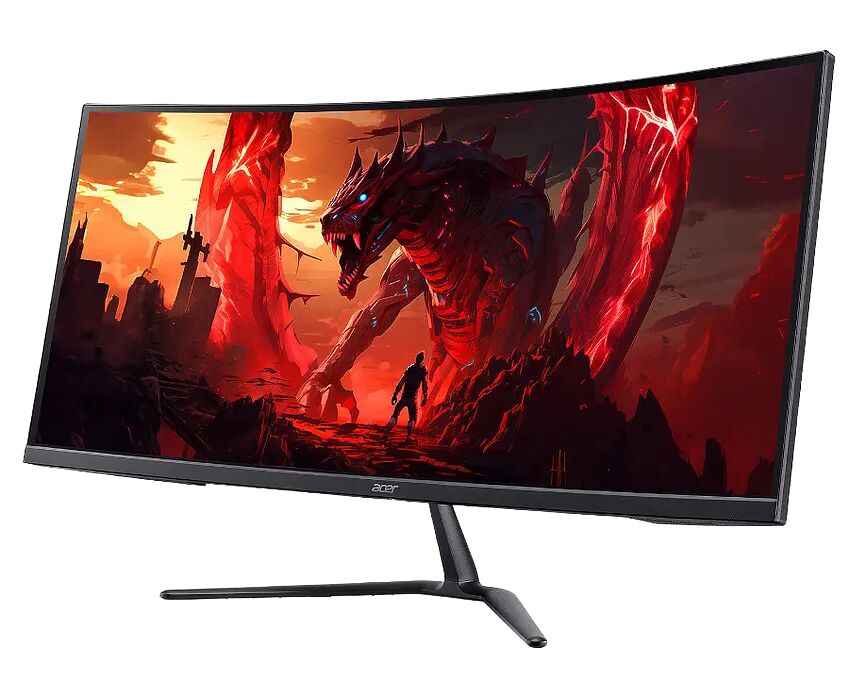 Écran incurvé Acer affichant une illustration fantastique d'un dragon rouge sur un paysage sombre. L'écran est monté sur un pied noir élégant.