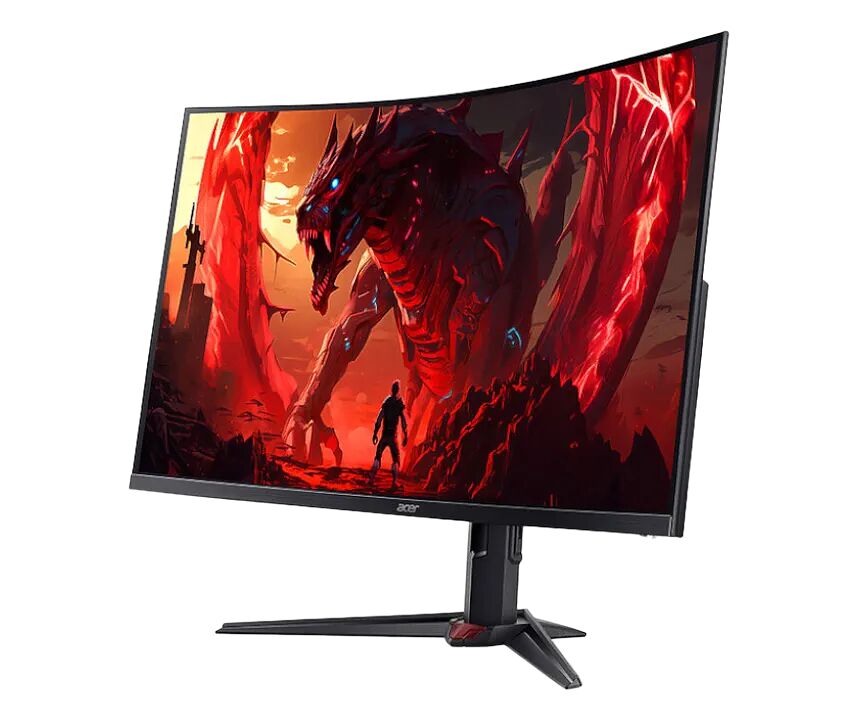 Écran incurvé Acer affichant une illustration fantastique d'un dragon rouge. L'écran est monté sur un pied noir avec des détails rouges.