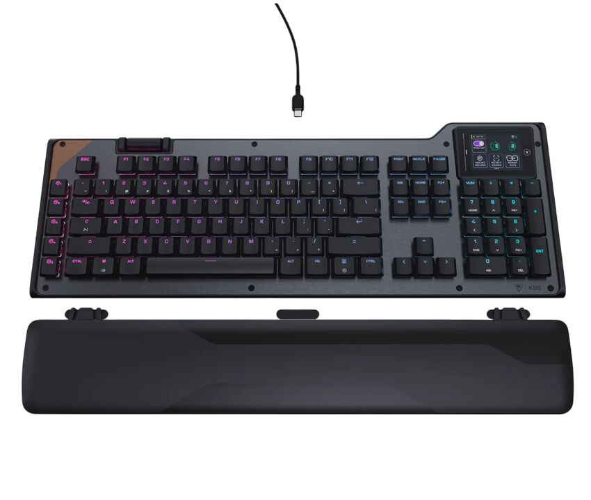 Clavier gaming Logitech avec rétroéclairage RGB et repose-poignet.
