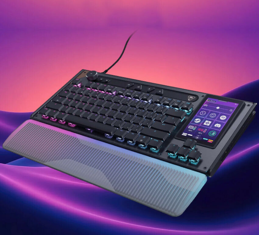 Clavier gaming avec écran LCD intégré et repose-poignet.