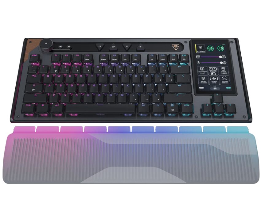 Clavier mécanique rétroéclairé avec écran LCD intégré.