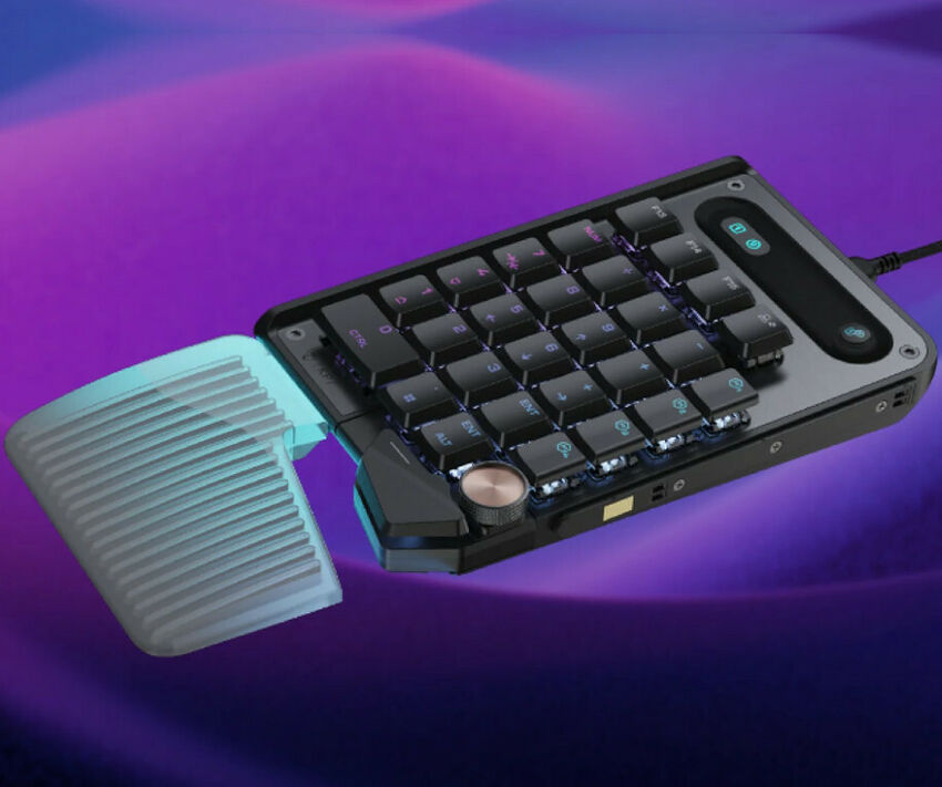 Mini clavier mécanique rétroéclairé avec molette de contrôle.