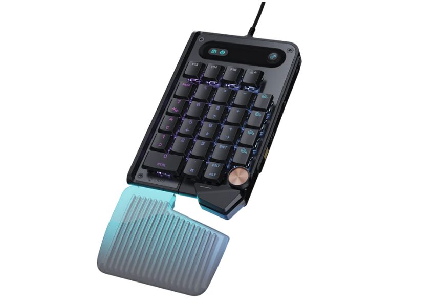 Clavier mécanique compact avec pavé tactile intégré.