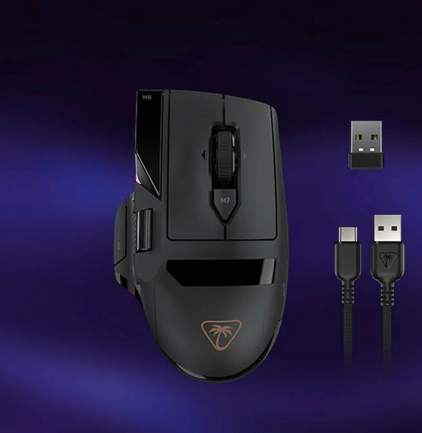 Souris gaming Thrustmaster noire avec son récepteur USB et son câble de charge.