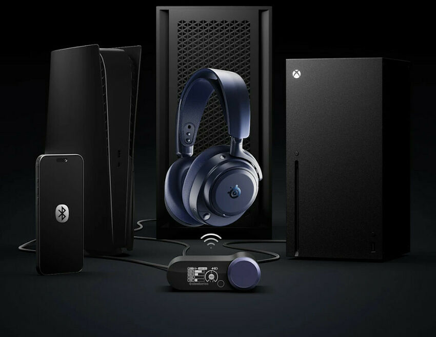 Un ensemble de matériel gaming comprenant une console PlayStation, une console Xbox, un smartphone, un casque bleu et une manette sans fil sur fond noir.