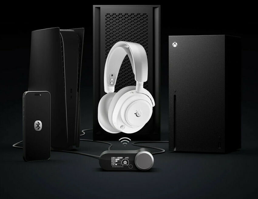Un ensemble de matériel gaming comprenant une console Xbox noire, un smartphone avec l'icône Bluetooth, un casque blanc et un adaptateur audio sans fil, le tout sur fond noir.
