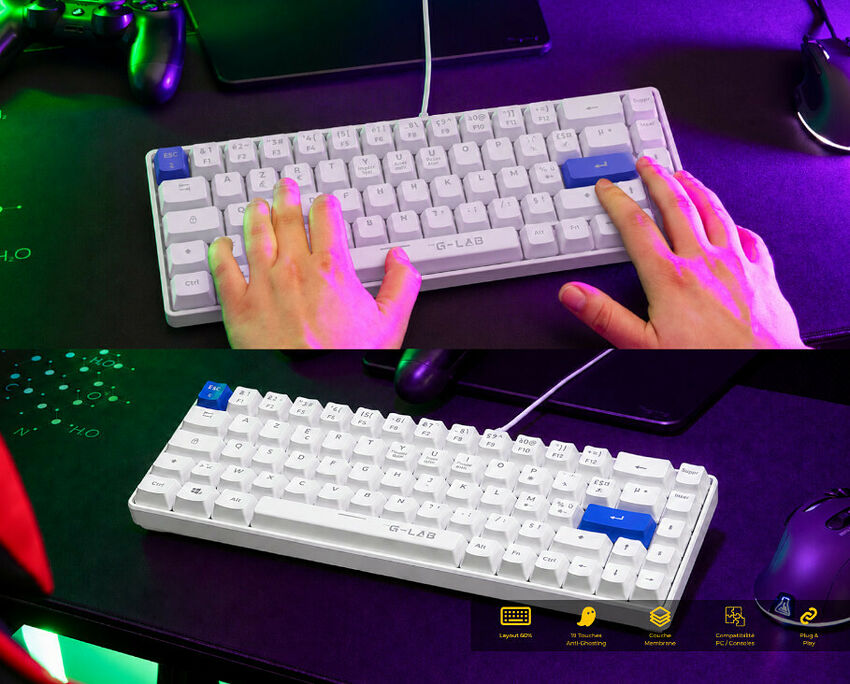 Un clavier mécanique G-LAB de format compact blanc avec des touches bleues, utilisé par deux mains sur un tapis de souris éclairé par des lumières néon.