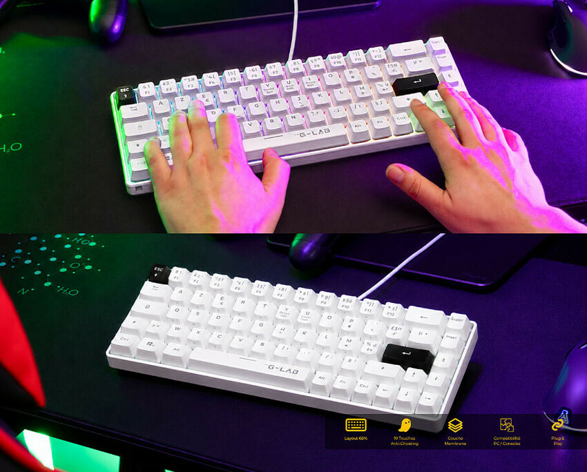 Clavier mécanique G-LAB blanc de format 60 %, avec des touches blanches et une touche Entrée noire, utilisé sur un tapis de souris noir.