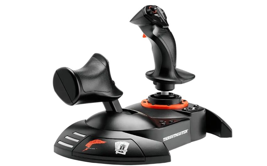 Joystick Thrustmaster noir avec une poignée ergonomique et une base de commande robuste, conçu pour les jeux de simulation de vol.