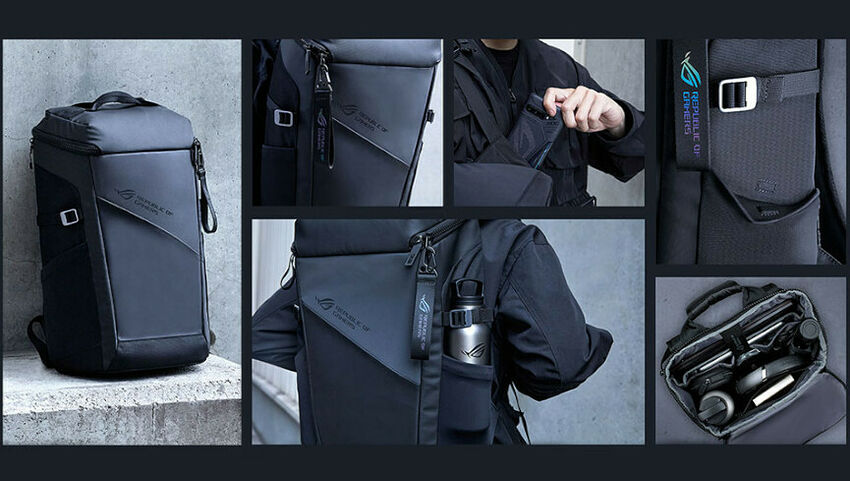 Collage de plusieurs vues d'un sac à dos noir de la gamme Republic of Gamers, montrant ses compartiments de rangement, ses poches latérales et ses détails de fermeture.