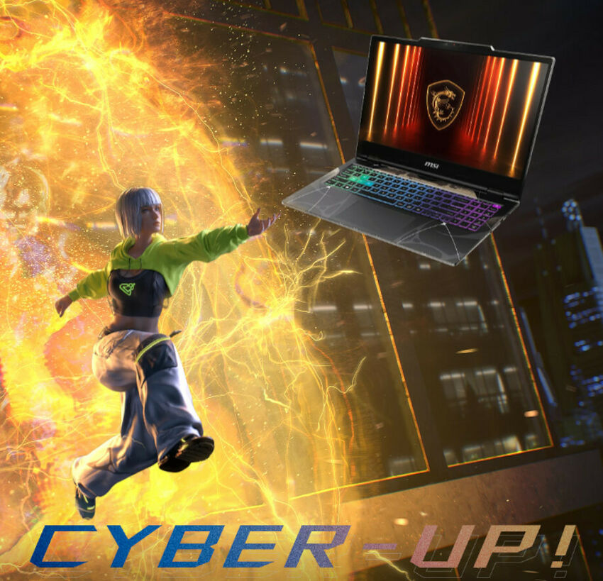 Un ordinateur portable MSI avec un clavier rétroéclairé coloré, flottant au milieu d'effets visuels d'énergie dorée et d'un personnage stylisé dans un décor urbain futuriste.