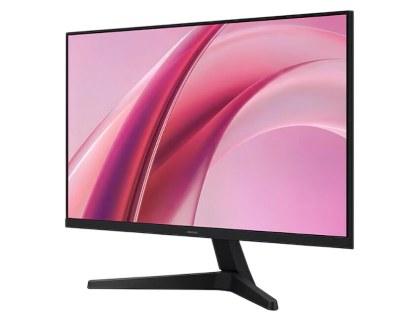 Écran d'ordinateur Samsung affichant un fond d'écran abstrait avec des courbes roses et violettes.