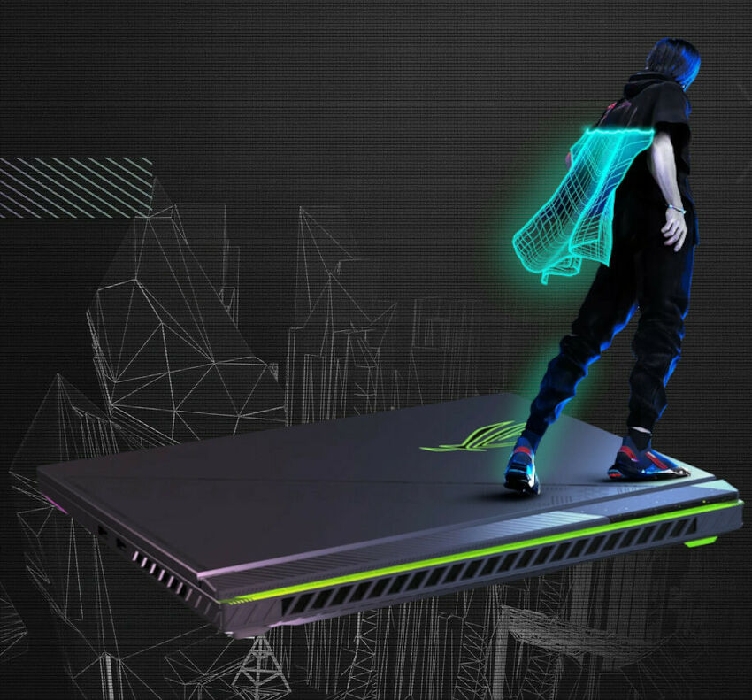 Un PC portable ASUS ROG avec un éclairage LED vert sur les côtés, représenté de manière stylisée avec une silhouette humaine en surimpression.