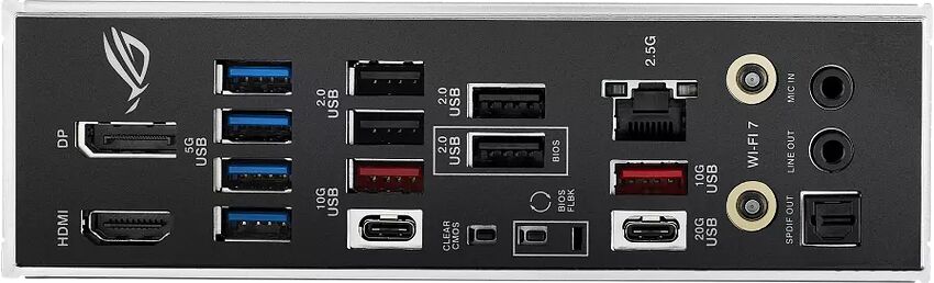 L'arrière-plan d'une carte mère ASUS avec divers ports de connexion : ports USB (2.0, 5G, 10G, 20G), sorties vidéo HDMI et DisplayPort, connecteurs audio, port Ethernet 2.5G et bouton BIOS.