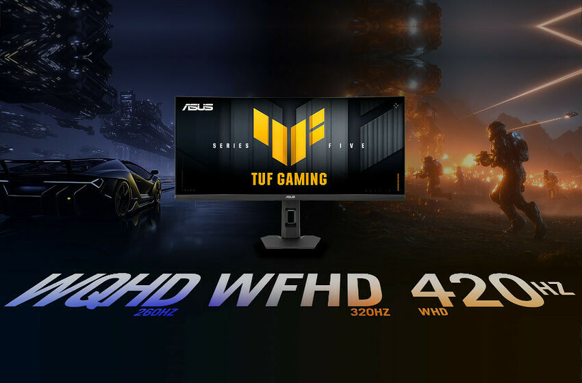 Écran de gaming ASUS TUF Gaming affichant le logo de la série Five, avec des informations sur les fréquences de rafraîchissement comme 420Hz.