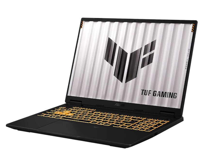 Ordinateur portable ASUS TUF Gaming avec un clavier rétroéclairé jaune et un écran affichant le logo de la gamme.