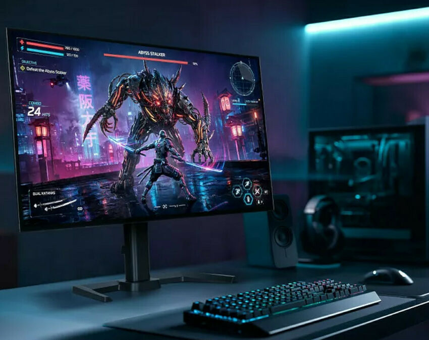 Un écran de PC gamer affichant un jeu vidéo d'action avec un monstre géant, posé sur un bureau avec un clavier rétroéclairé et une souris.
