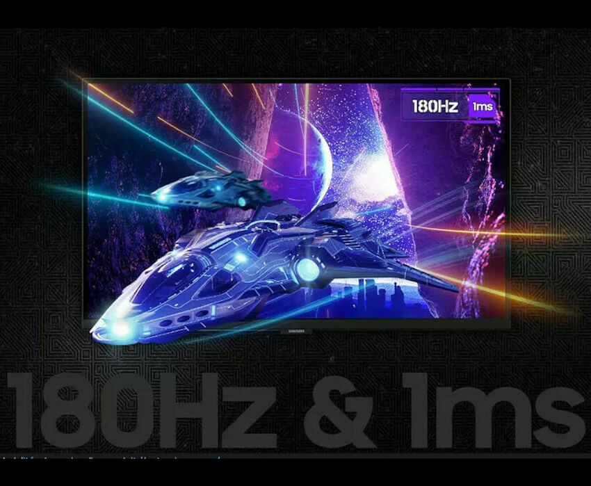 Écran Samsung affichant un jeu de science-fiction avec des vaisseaux spatiaux, mettant en avant une fréquence de rafraîchissement de 180Hz et un temps de réponse de 1ms.