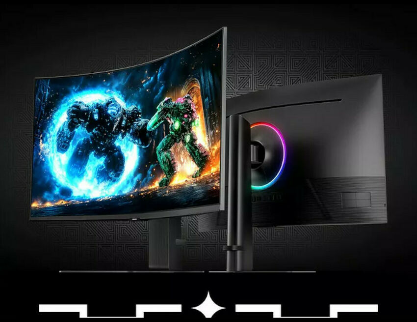 Écran incurvé gamer affichant une scène de combat fantastique avec des effets de lumière bleue et verte, avec un éclairage RGB circulaire sur le pied.