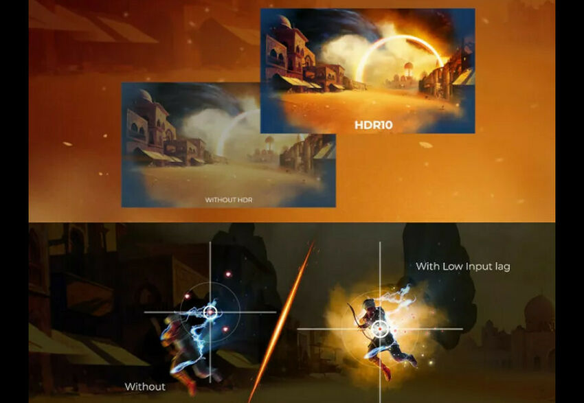 Comparaison de deux images de jeu vidéo montrant la différence entre une image sans HDR et une image avec HDR10, ainsi que l'impact de la réduction de l'input lag sur la fluidité du mouvement.