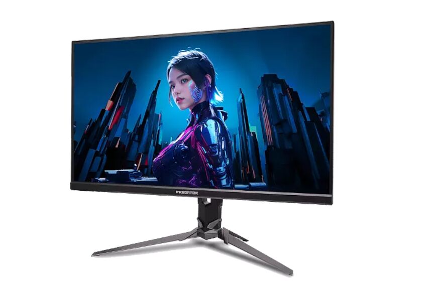 Écran de PC gamer Acer Predator avec un pied en forme de V, affichant une illustration futuriste sur un fond sombre.