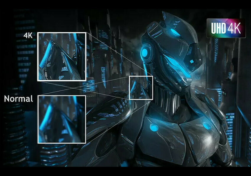 Comparaison de la qualité d'image entre une résolution normale et la résolution 4K, montrant un personnage robotique dans une ville futuriste.