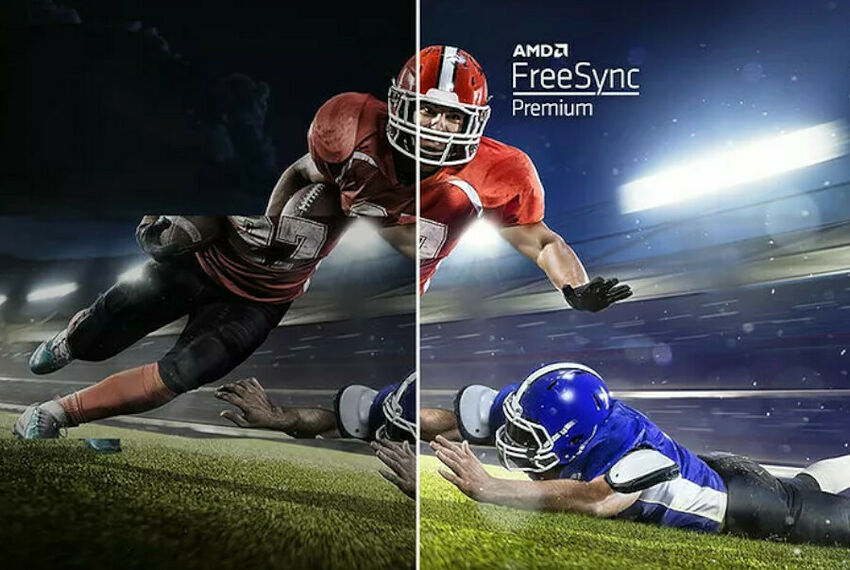 Image comparative montrant la différence de fluidité entre un écran classique et un écran avec la technologie AMD FreeSync Premium, illustrée par un joueur de football américain en mouvement.