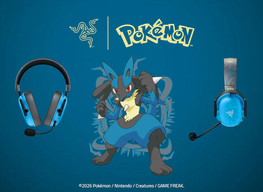 Casque Razer Pokémon bleu et noir avec micro, présenté sur un fond bleu avec le logo Razer et Pokémon et l'illustration de Lucario.