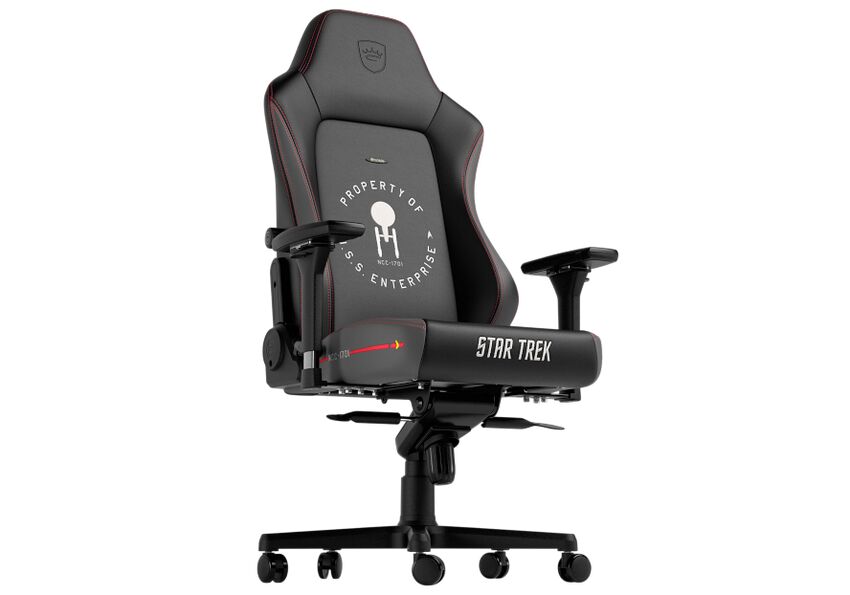 Chaise de bureau gaming Star Trek, de couleur noire avec des détails rouges, arborant le logo de l'USS Enterprise sur le dossier.