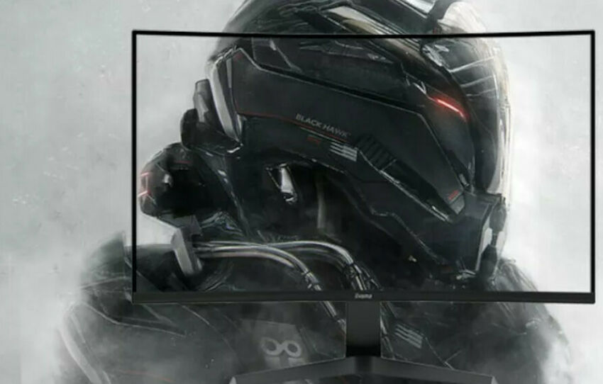 Écran incurvé de marque Dell affichant une illustration de casque de soldat futuriste dans un style science-fiction.