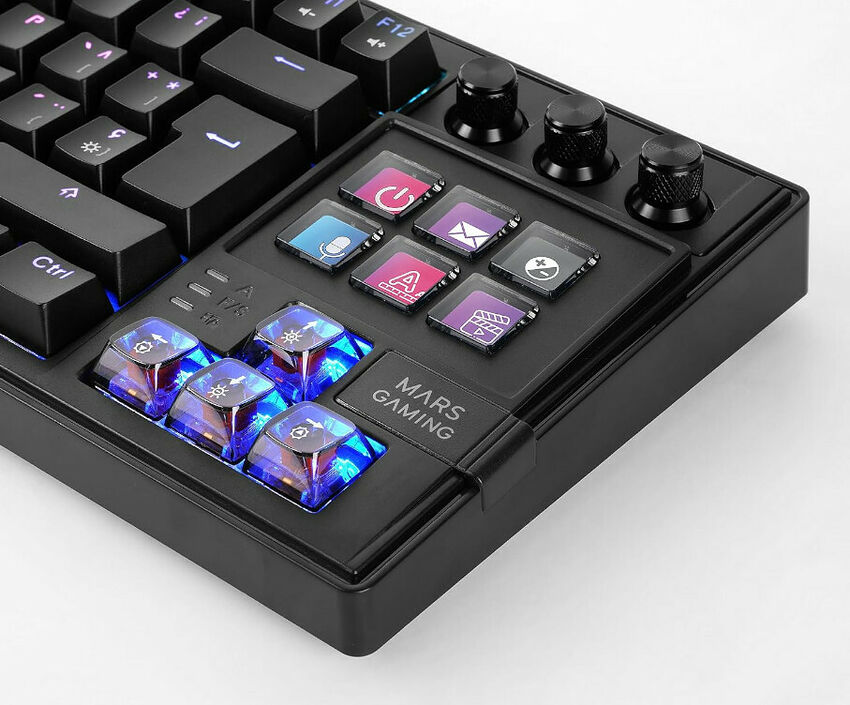 Clavier gaming Mars Gaming avec touches personnalisables rétroéclairées et trois molettes de contrôle sur le côté droit.